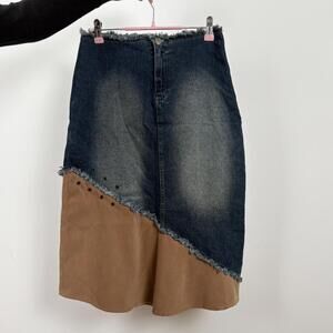 Vintage Miss Me Blue Denim & Brown Suede Skirt